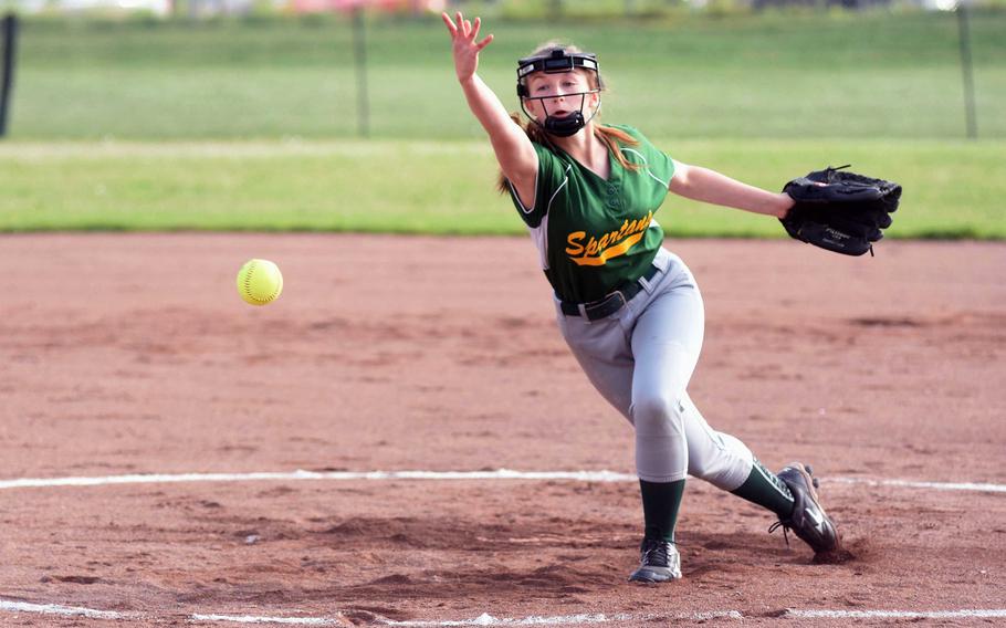 SHAPE pitcher Samantha Herrejon throws the ball during a game against Kaiserslautern in their first game of the softball championships at Kaiserslautern, Germany, Thursday, May 25. 