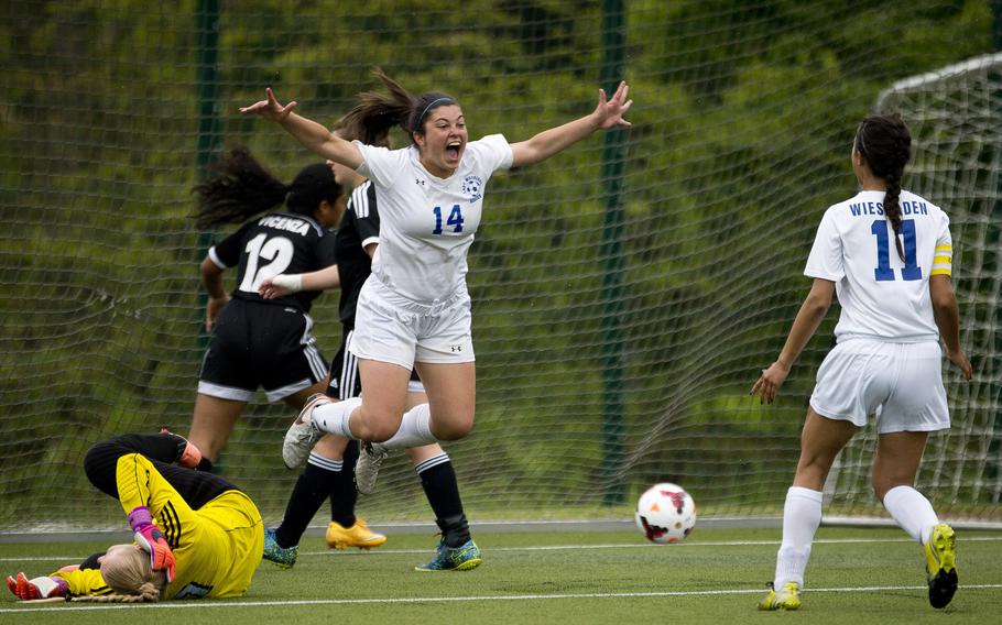 Wiesbaden's Carolina Golden celebrates after scoring a goal during the DODEA-Europe soccer tournament in Reichenbach, Germany, on Thursday, May 18, 2017. Wiesbaden won the Division I match against Vicenza 4-0 and advances to the semifinals.
                