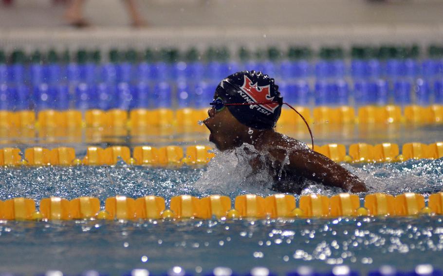 Kaiserslautern swimmer Leon Pierre-Louis takes a breath during the boys age eight and under 50 meter butterfly at the European Forces Swim League championships in Eindhoven, Netherlands, Saturday, Feb. 25, 2017. 
                