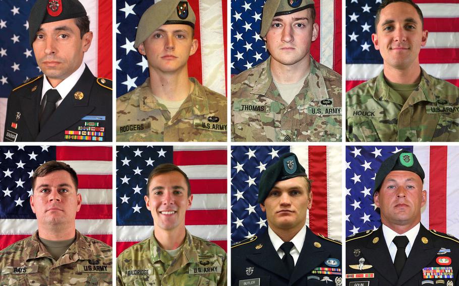 These U.S. servicemembers died in Nangarhar province last year. Top row: Staff Sgt. Mark R. De Alencar, Sgt. Joshua P. Rodgers, Sgt. Cameron H. Thomas, Sgt. Eric M. Houck. Bottom row: Sgt. William M. Bays, Cpl. Dillon C. Baldridge, Staff Sgt. Aaron R. Butler, Sgt. 1st Class Mihail Golin.