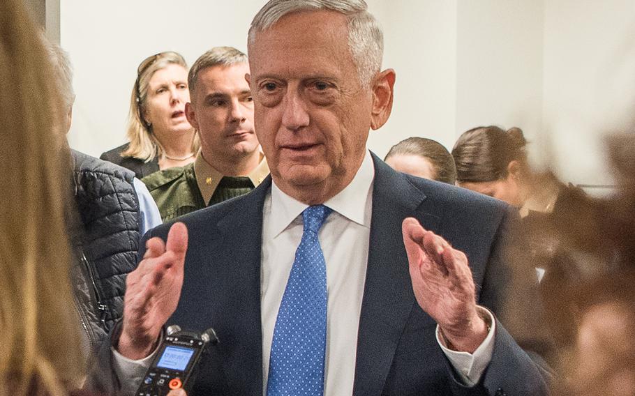 Defense Secretary James N. Mattis speaks with members of the press at the Pentagon in Washington, D.C., Jan. 5, 2018.