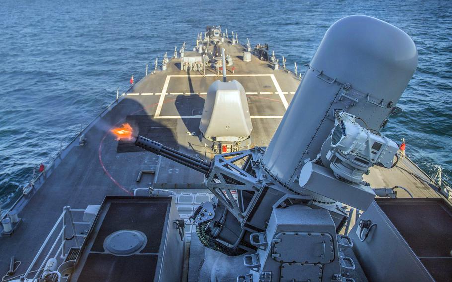 USS Carney fires a Phalanx close-in weapons system during a live-fire exercise in the Black Sea, Saturday, Jan. 6, 2018.