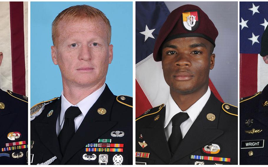 From left, Staff Sgt. Bryan C. Black, 35, of Puyallup, Wash.; Staff Sgt. Jeremiah W. Johnson, 39, of Springboro, Ohio; Sgt. La David Johnson of Miami Gardens, Fla.; and Staff Sgt. Dustin M. Wright, 29, of Lyons, Ga. All four were killed in Niger, when a joint patrol of American and Niger forces was ambushed on Oct. 4, 2017, by militants believed linked to the Islamic State group.