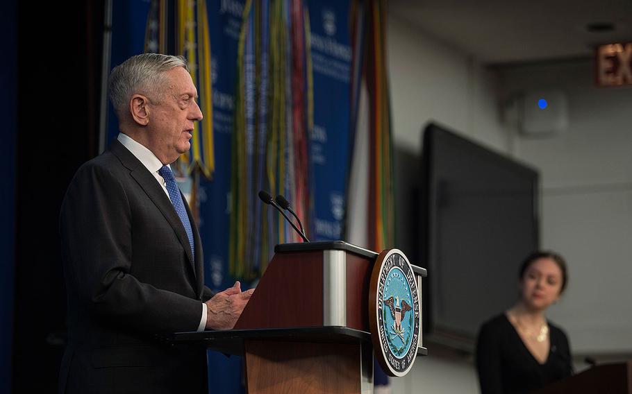 Secretary of Defense Jim Mattis announces the National Defense Strategy at Johns Hopkins University School of Advanced International Studies in Washington, Jan. 19, 2018.