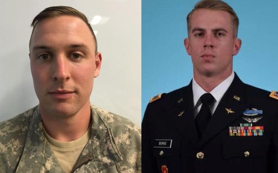 U.S. Army 1st Lt. Clayton Cullen, left, and Chief Warrant Officer 2 Kevin Burke were killed Saturday, Jan. 22, 2018, in a helicopter crash at Fort Irwin, Calif.