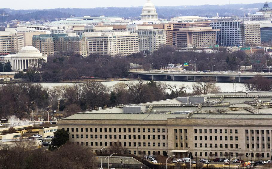 The Pentagon, with the Jefferson Memorial and U.S. Capiitol in the background, Jan. 30, 2018.