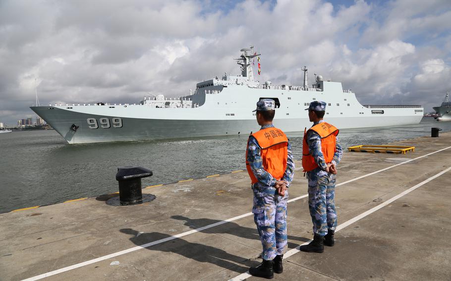 A ship carrying Chinese military personnel departs a port in Zhanjiang, south China's Guangdong province, on Tuesday, July 11, 2017. China’s military is calling for the expansion of the country’s nuclear weapons stockpile.