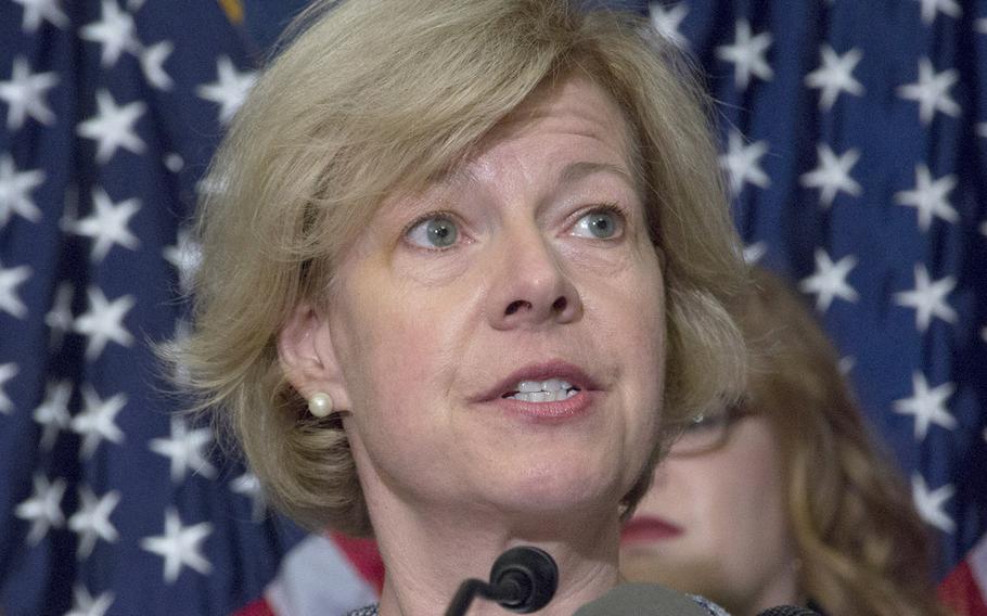 Sen. Tammy Baldwin, D-Wis., seen here at a 2015 press conference, is the target of an advertising campaign initiated by Concerned Veterans for America.