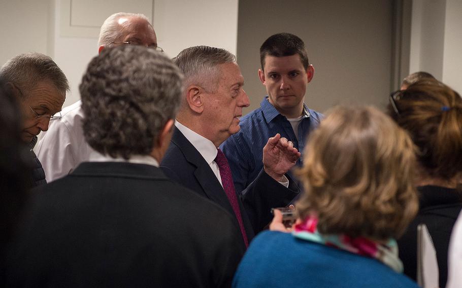 Defense Secretary Jim Mattis speaks with journalists at the Pentagon in Arlington, Virginia on Feb. 2, 2018.