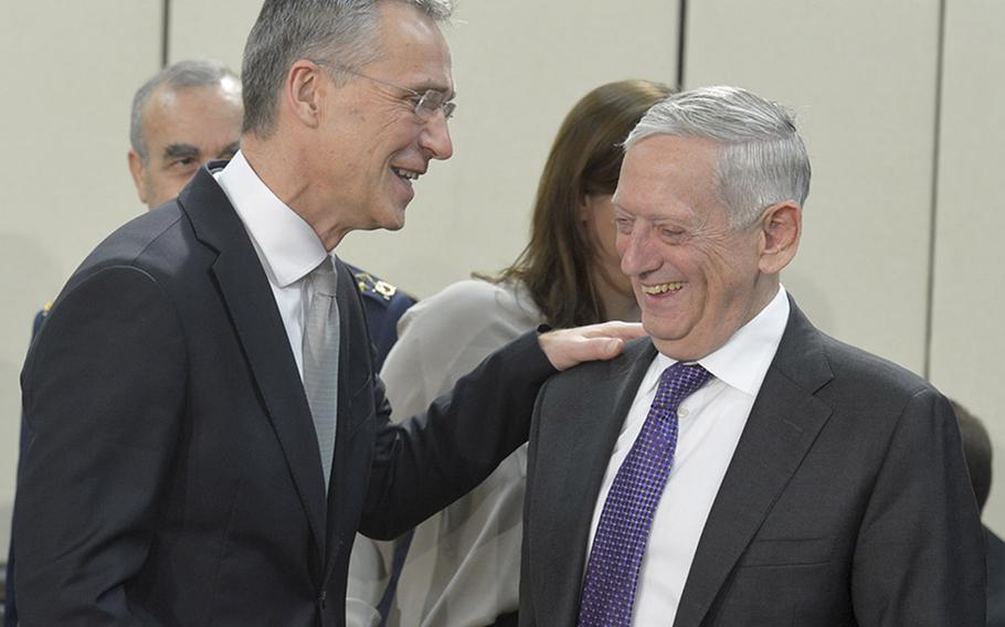 NATO Secretary-General Jens Stoltenberg, left, with U.S. Secretary of Defense Jim Mattis at NATO headquarters in Brussels on Thursday, Feb. 15, 2018.