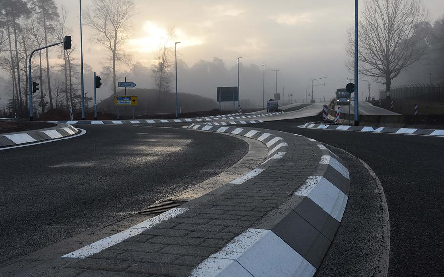 The new L369 traffic circle outside the east gate of Ramstein Air Base, Germany, is scheduled to open on Saturday, Feb. 17, 2018. The circle is part of ongoing road work outside the gate to improve traffic flow once the new Defense Department medical center is built on Rhine Ordnance Barracks.