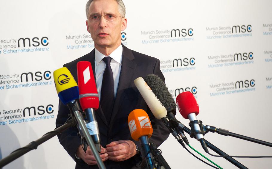 NATO Secretary-General Jens Stoltenberg speaks to reporters about the Munich Security Conference on Feb. 16, 2018.