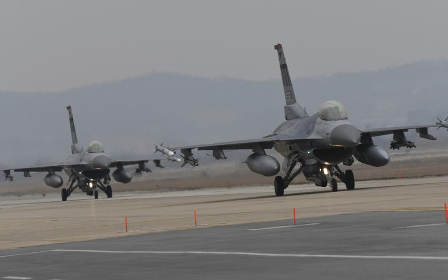 F-16s taxied out for a training mission during the 2017 Exercise Beverly Herd at Osan Air Base. The exercise is underway again this year.
