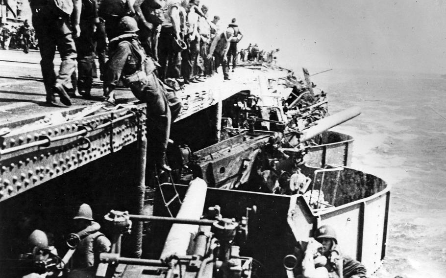Damage is seen on the USS Lexington from a Japanese bomb during the Battle of the Coral Sea, May 8, 1942.