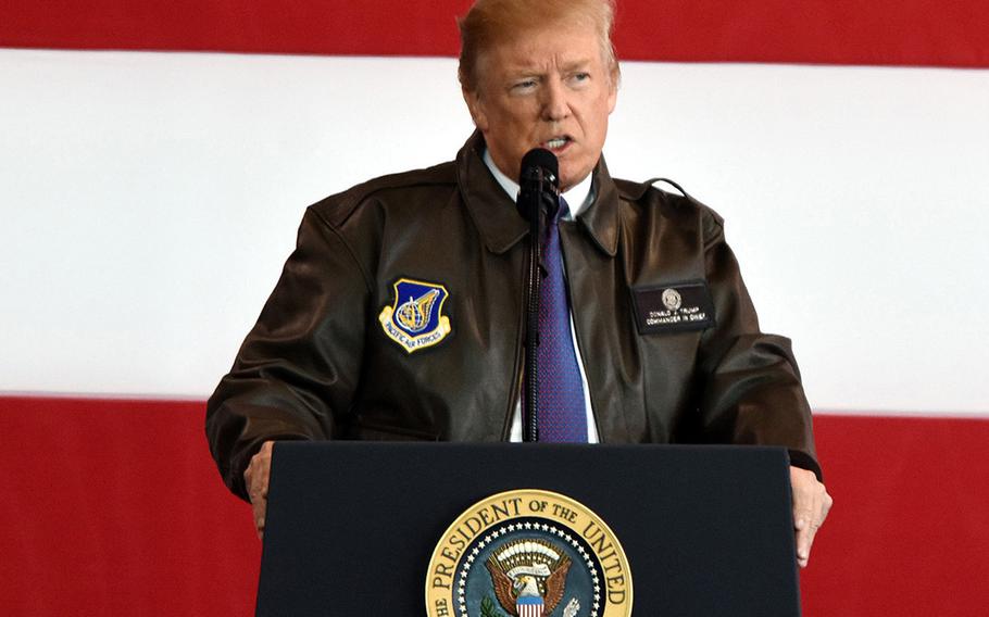 President Donald Trump speaks to servicemembers at Yokota Air Base, Japan, in November 2017. The leaders of the three Baltic states are expected to press President Donald Trump Tuesday for more U.S. military support to defend NATO’s borders with Russia, where some allies are concerned about Moscow’s military advantage.
