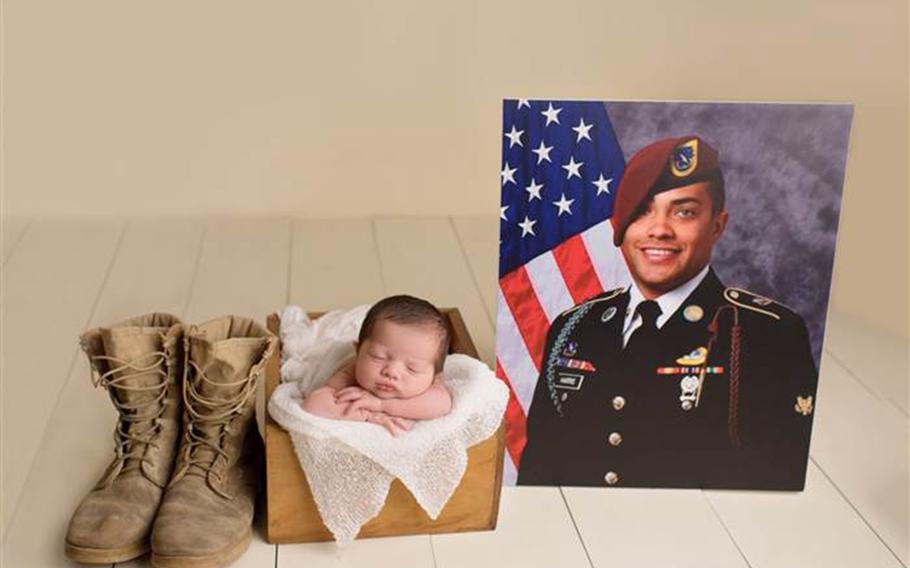 Christian Michelle Harris was photographed with her late father's boots and portrait in her newborn photo session.