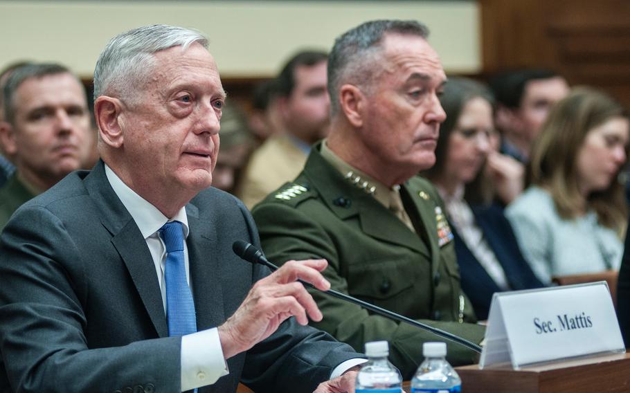 Secretary of Defense Jim Mattis testifies during a House Committee on Armed Services hearing on Capitol Hill in Washington, D.C., on Thursday, April 12, 2018. In answer to questions about a possible missile strike in Syria, Mattis said in reference to recent chemical attacks that "some things are simply inexcusable, beyond the pale and in the worst interest of ... civilization itself." At right is Chairman of the Joint Chiefs of Staff Joseph Dunford.