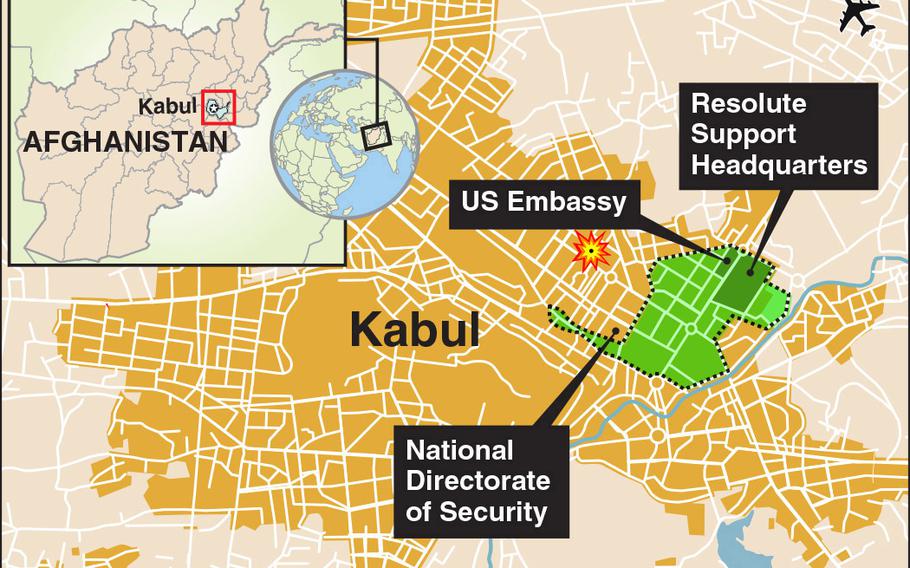 The blast symbol shows where Kabul police foiled a suicide bombing attack on civilians who had set up a blood collection drive in a park about one mile from the U.S. Embassy and NATO mission headquarters.