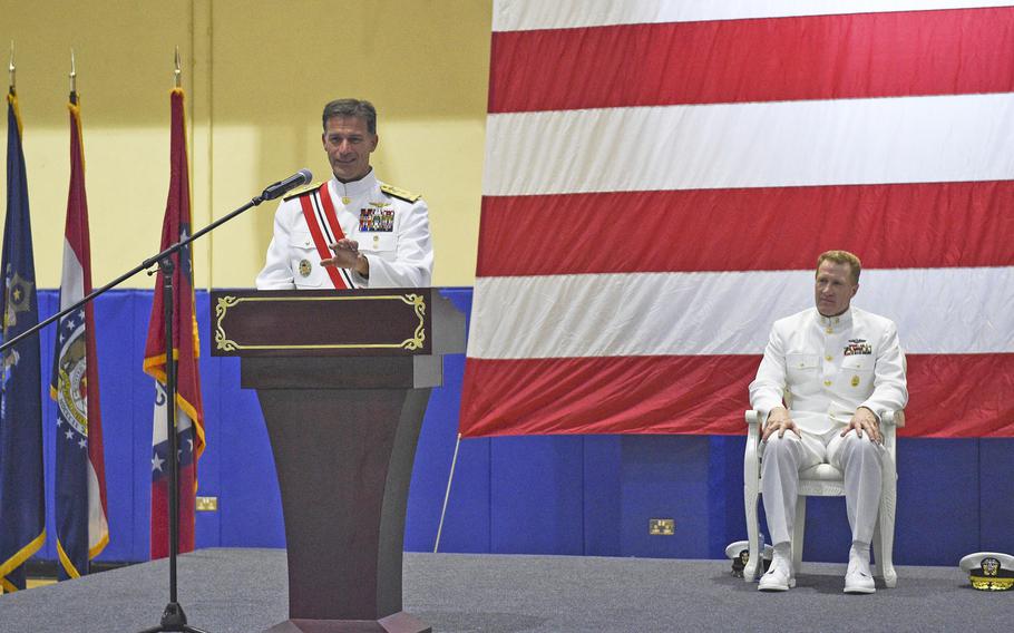 Vice Adm. John Aquilino addresses the crowd at a change of command ceremony for U.S. Naval Forces Central Command and U.S. 5th Fleet in Manama, Bahrain May 6, 2018. Aquilino was relieved by Vice Admiral Scott Stearney.