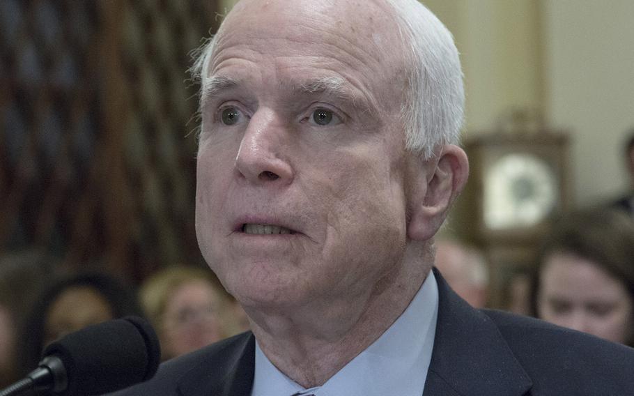 Sen. John McCain, R-Ariz., testifies at a House Veterans' Affairs Committee hearing in March, 2017.