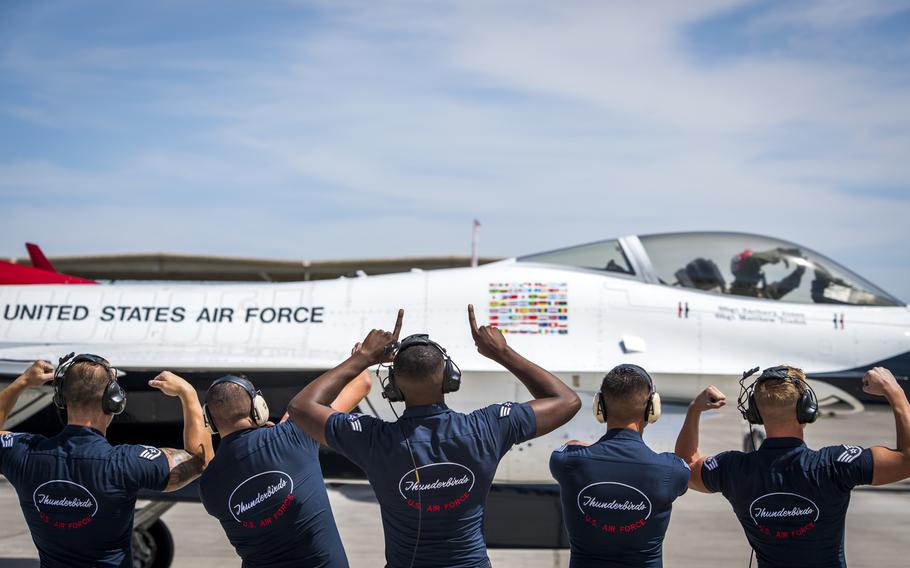 The U.S. Air Force's Thunderbirds conduct their first training flight in Las Vegas on April 18, 2018, following an aircraft mishap on April 4.