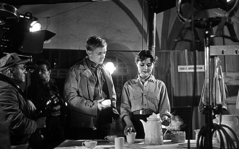 Oskar Werner and Dominique Blanchar on the set of what was then being called "Legion of the Damned," in West Germany in 1950.