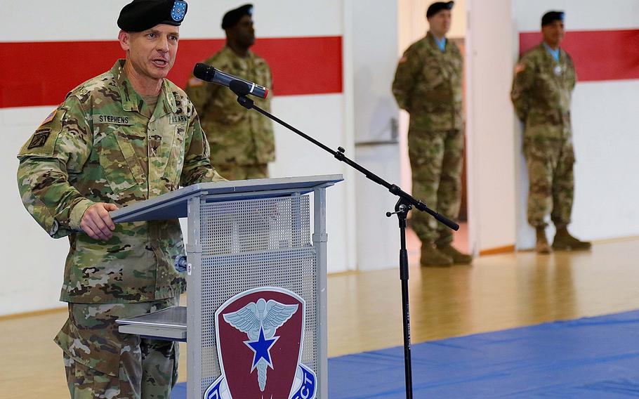 U.S. Army Brig. Gen. Ronald T. Stephens speaks after assuming command of Regional Health Command Europe on Wednesday, May 23, 2018, in Sembach, Germany.