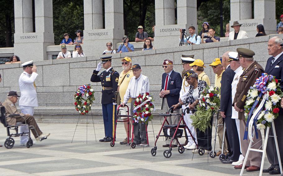 The Friends of the National World War II Memorial hosted a ceremony and wreath presentation at the World War II Memorial's Atlantic Arch to commemorate the 74 years since 160,000 Allied troops landed along a 50-mile stretch of heavily fortified French coastline to fight Nazi Germany on the beaches of Normandy, France.