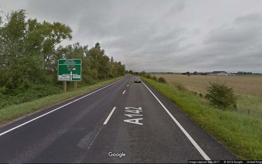 The A142 two-lane highway near Soham, England. Staff Sgt. Adam Naber of the 352nd Special Operations Wing at RAF Mildenhall died Sunday, June 17, 2018, after a motorcycle accident while he was riding in the southbound lane.