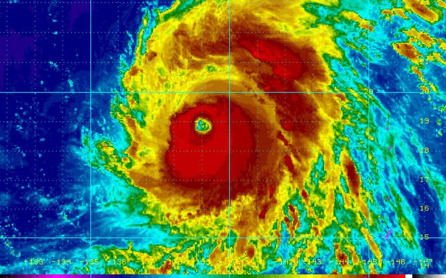 At 6 a.m., Typhoon Maria was 592 miles southeast of Kadena Air Base and was moving west-northwest at 16 mph, packing 161-mph sustained winds and 196-mph gusts.
