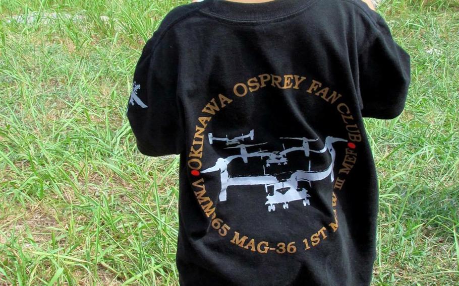 A Japanese youngster wears a T-shirt emblazoned with images of the iconic MV-22 Osprey tilt-rotor aircraft. Courtesy of Okinawa Osprey Fan Club