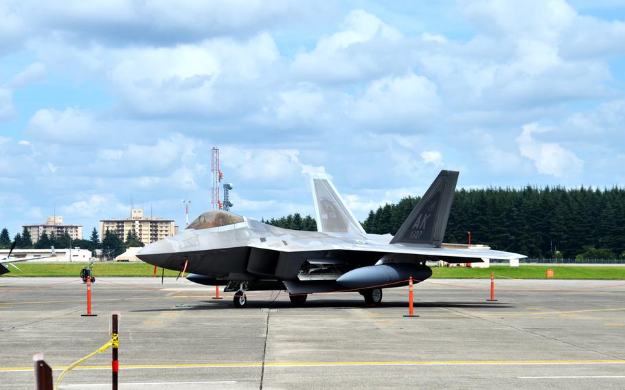 An F-22, assigned to the 525th Fighter Squadron out of Joint Base Elmendorf-Richardson, Alaska, sits on the runway at Yokota Air Base, Japan on July 9, 2018.