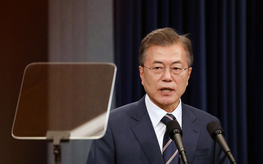 South Korean President Moon Jae-in at a news conference at the presidential Blue House in Seoul, South Korea, on May 27, 2018.