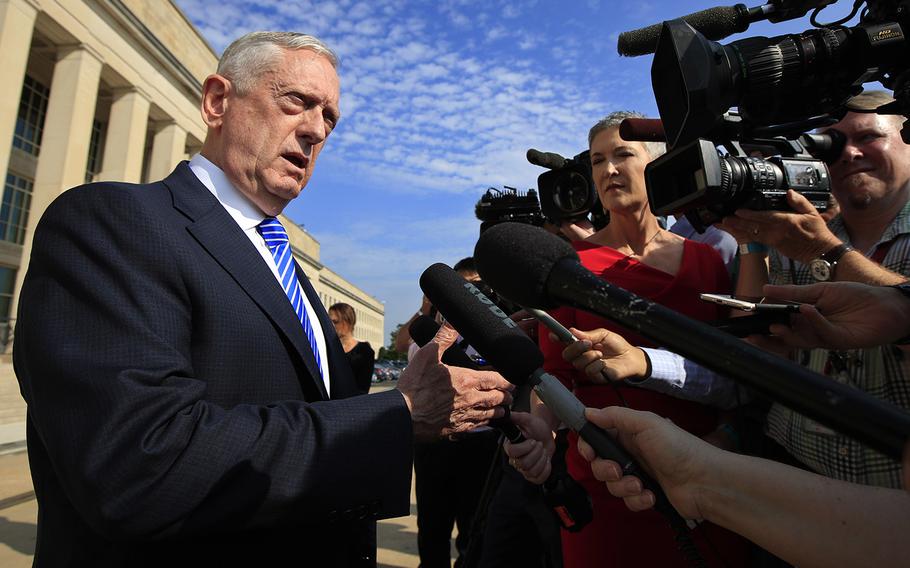 Secretary of Defense Jim Mattis speaks to reporters at the Pentagon, Friday, July 27, 2018.
