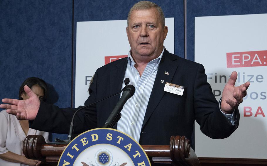 Marine Corps veteran Jerry Ensminger of White Lake, N.C. speaks at a Capitol Hill press conference on August 1, 2018. Ensminger's daughter was exposed to toxic chemicals while the family was living at Camp Lejeune, N.C., and died of leukemia.