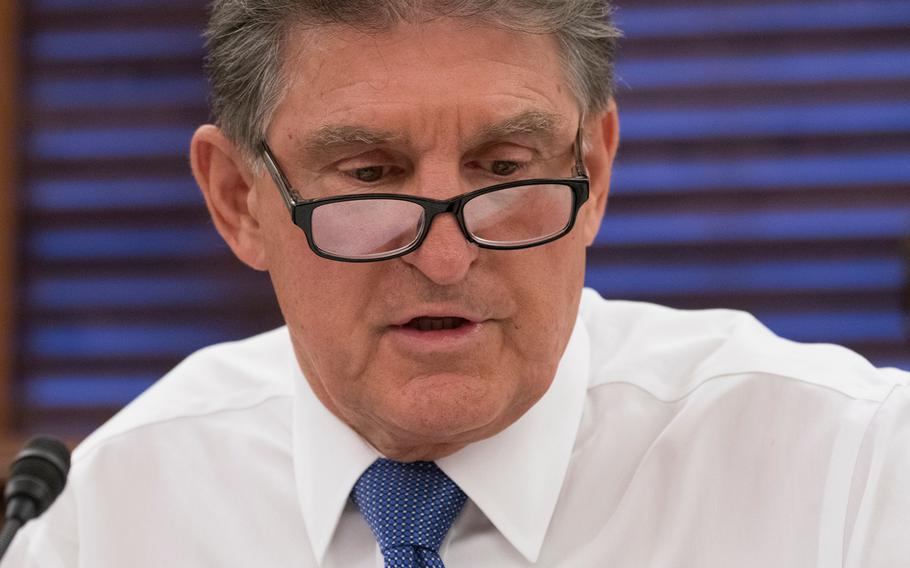 Sen. Joe Manchin; D-W.Va. addresses witnesses on Aug. 1, 2018, during a Senate Veterans Affairs Committee hearing on Capitol Hill in Washington. "We shouldn't even be here talking about this." Manchin said of the hearing into legislation concerning Blue Water sailors who may have been affected by Agent Orange during the Vietnam War. "I don't think they're asking for much. If you're exposed; you're exposed."