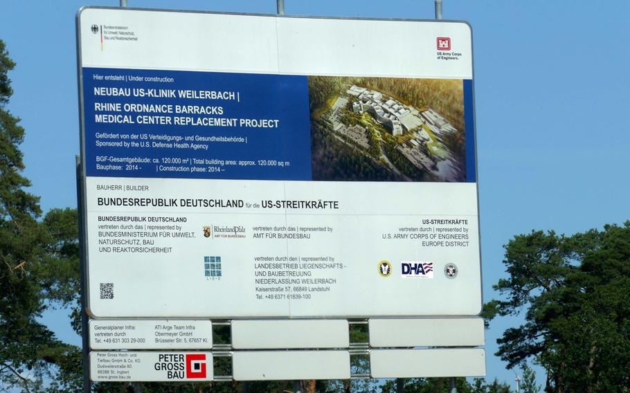 A construction information sign on the site where the Rhine Ordnance Barracks Medical Center, the replacement for Landstuhl Regional Medical Center, is being built. The National Defense Authorization Act contains a provision that prohibits funds for acquiring energy at the new center, slated to open in 2023, until the Pentagon certifies the source of the power.