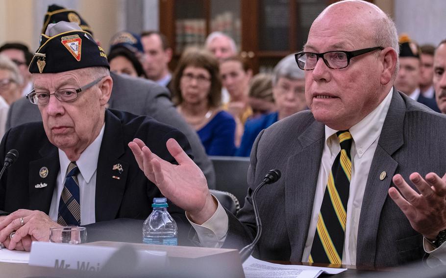 Vietnam Veterans of America representative Rick Weidman testifies Wednesday, Aug. 1, 2018, during a Senate Veterans Affairs Committee hearing as members heard arguments for and against the Blue Water Navy Vietnam Veterans Act. Weidman noted that Congress already presumes veterans who served anywhere in Vietnam were exposed to Agent Orange and doesn't try to calculate the level of exposure. That benefit of the doubt should be applied to shipboard personnel too. "How much [exposure] makes no difference," he said. At left is National Executive Director for the Fleet Reserve Association Thomas Snee.