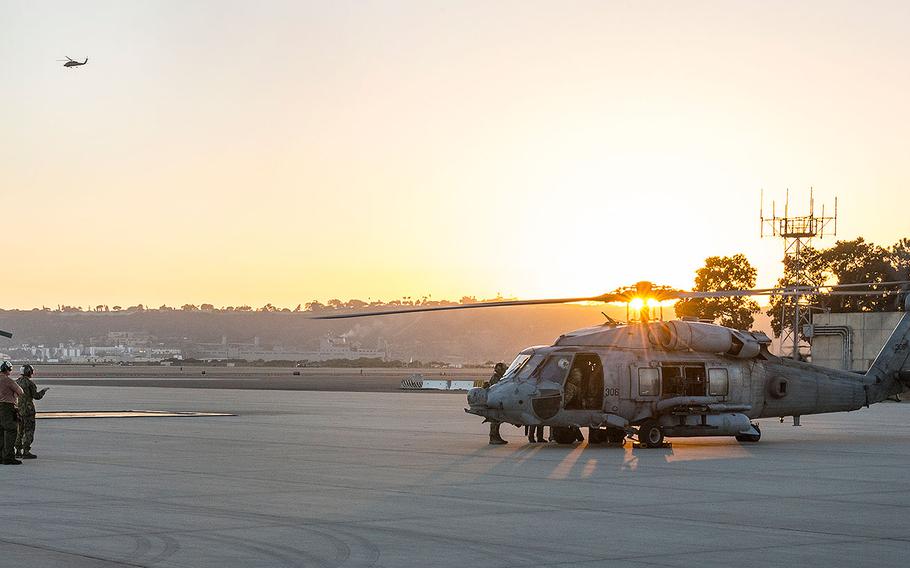 An aircrew assigned to Helicopter Sea Combat Squadron (HSC) 85 prepares to take off in a HH-60H Sea Hawk helicopter from Naval Air Station North Island, Calif., Oct. 19, 2016.