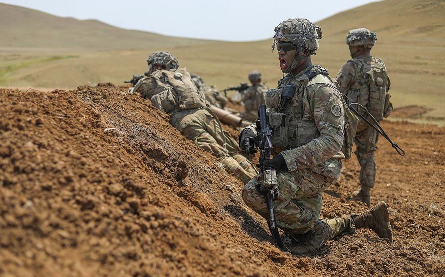 Members of Lightning Troop, 3rd Squadron, 2d Cavalry Regiment completes day two of squad live fire training in preparation for upcoming troop live fire exercises during Noble Partner 18 at the Vaziani Training Area, Georgia, Aug. 2, 2018.