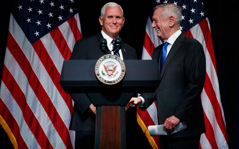 Secretary of Defense Jim Mattis introduces Vice President Mike Pence during an event on the creation of a United States Space Force, Thursday, Aug. 9, 2018 at the Pentagon. 