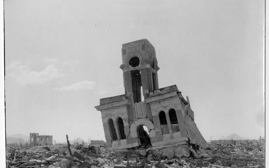 A Hiroshima clock shop in an area currently known as Hondori shopping street is shown in this undated photograph. The shop was located about 620 meters from the location where the atomic bomb was dropped. This photograph is among 36 photographs donated to Hiroshima Peace Museum by Gayle Yoshikawa.