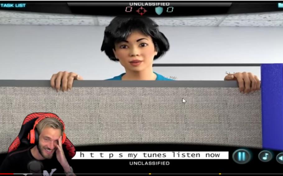 Popular YouTuber PewDiePie laughs during his encounter with Tina as he takes the Cyber Awareness Challenge.