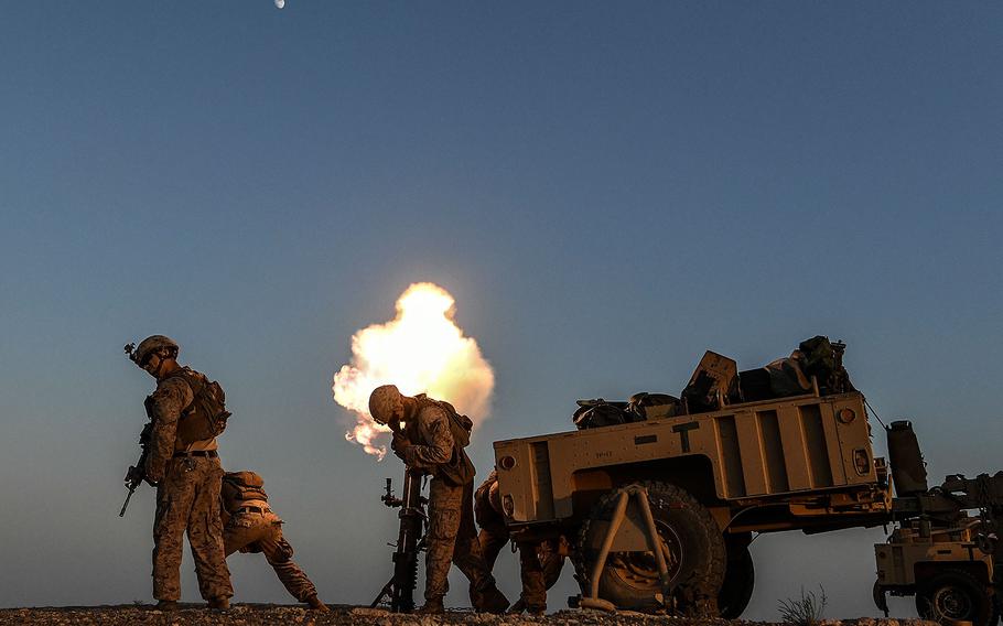 U.S. Marines fire a mortar during training in support of Operation Inherent Resolve in Syria, July 23, 2018.