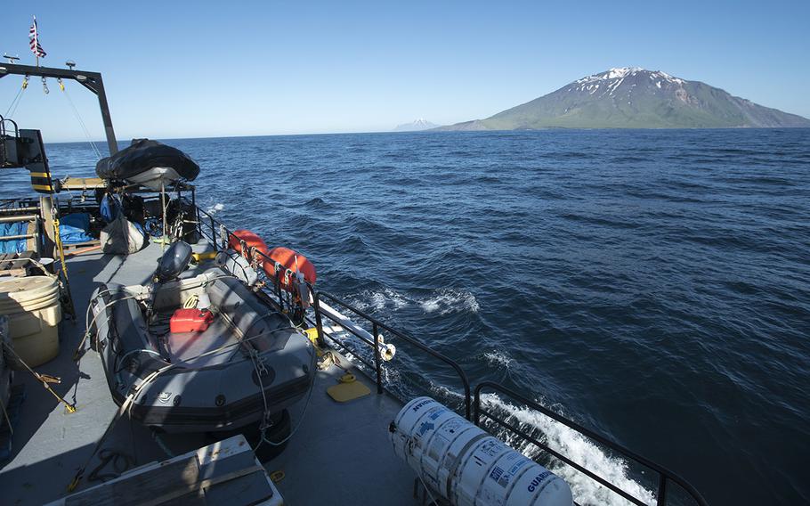 The Norseman II, a research vessel, makes its way through the Aleutian Islands, a chain of volcanic islands extending 1,200 miles westward from the Alaska Peninsula. Researchers aboard the vessel discovered the missing stern of the USS Abner Read, a destroyer ripped apart by a Japanese mine on Aug. 18, 1943. 