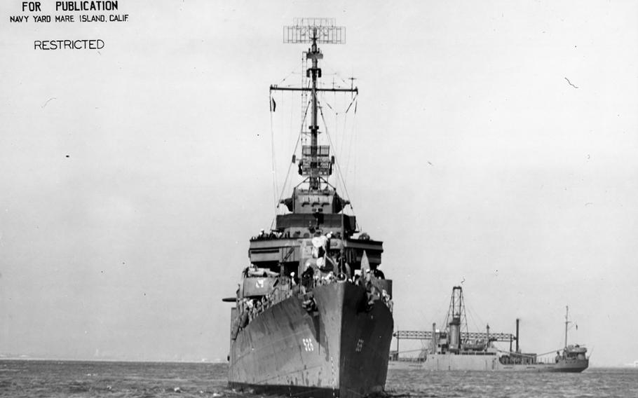 A view of the front of the USS Abner Read on June 13, 1943. The destroyer was ripped apart by a Japanese mine on Aug. 18, 1943, off the Aleutian Islands in Alaska. Researchers searching for WWII wreckage recently discovered the Abner Read's missing stern.