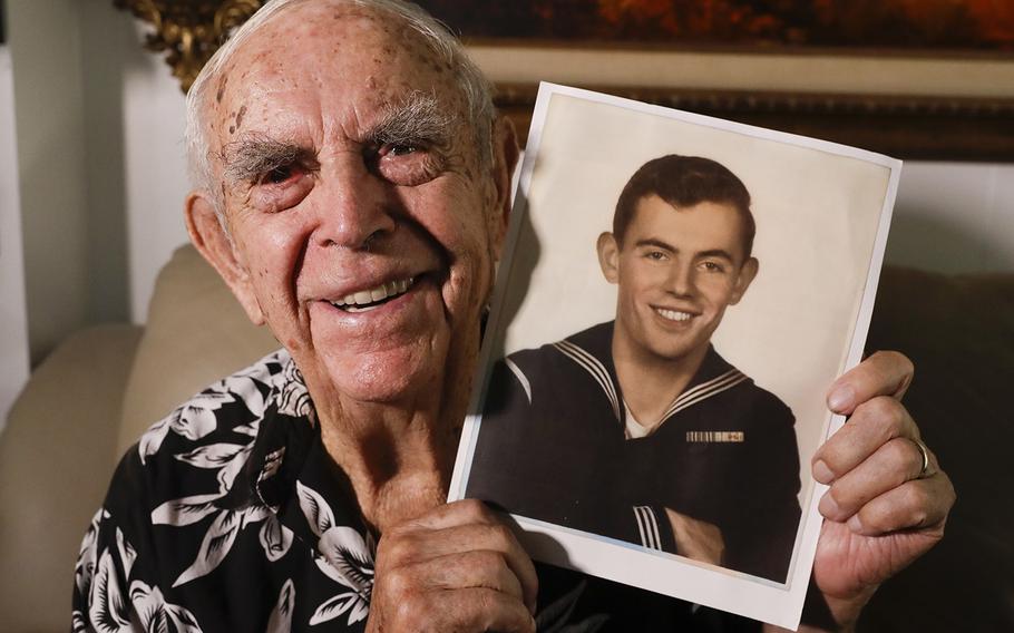 In this Tuesday, Aug. 14, 2018 photo, Daryl Weathers poses for a picture at his home in Seal Beach, Calif. Weathers was aboard the USS Abner Read after it hit a sea mine left by the Japanese after they abandoned Kiska Island in Alaska's Aleutian Islands in 1943.