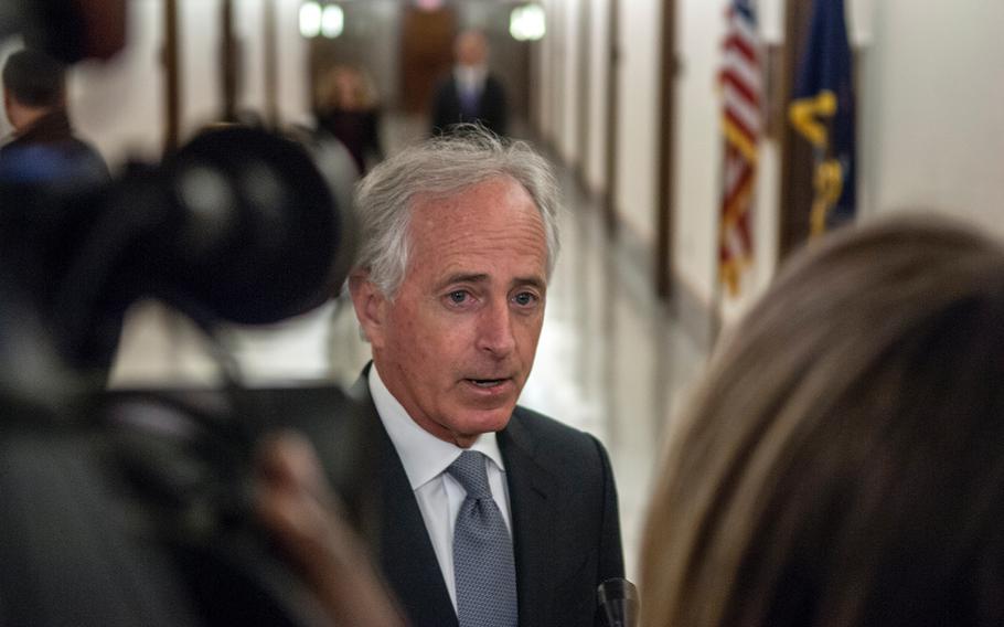 Senate Foreign Relations Committee Chairman Sen. Bob Corker, R-Tenn., answers questions just prior to a hearing on Capitol Hill in Washington, D.C., on Tuesday, March 13, 2018.