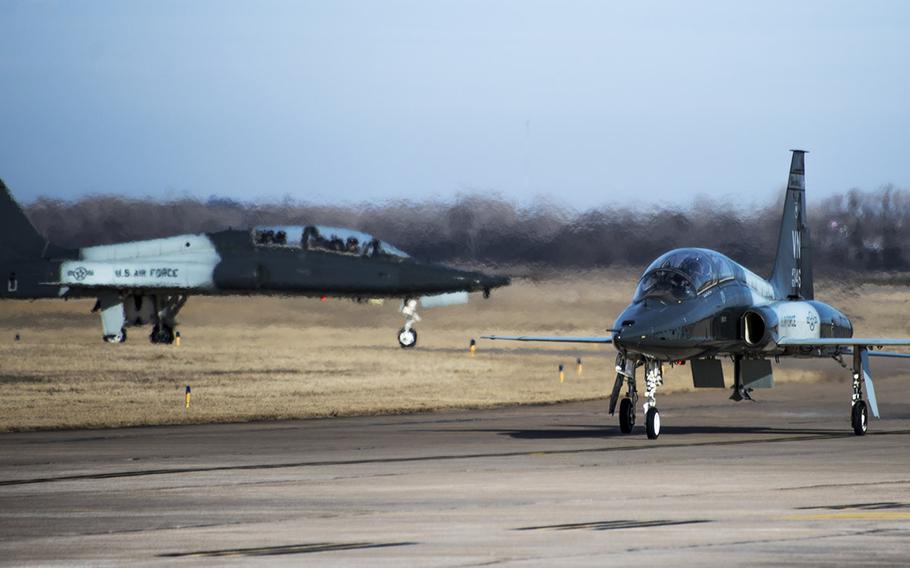 In a February, 2018 file photo, two T-38C Talons from the 25th Flying Training Squadron taxi on the flightline after a flight Feb. 1, 2018, at Vance Air Force Base, Oklahoma.