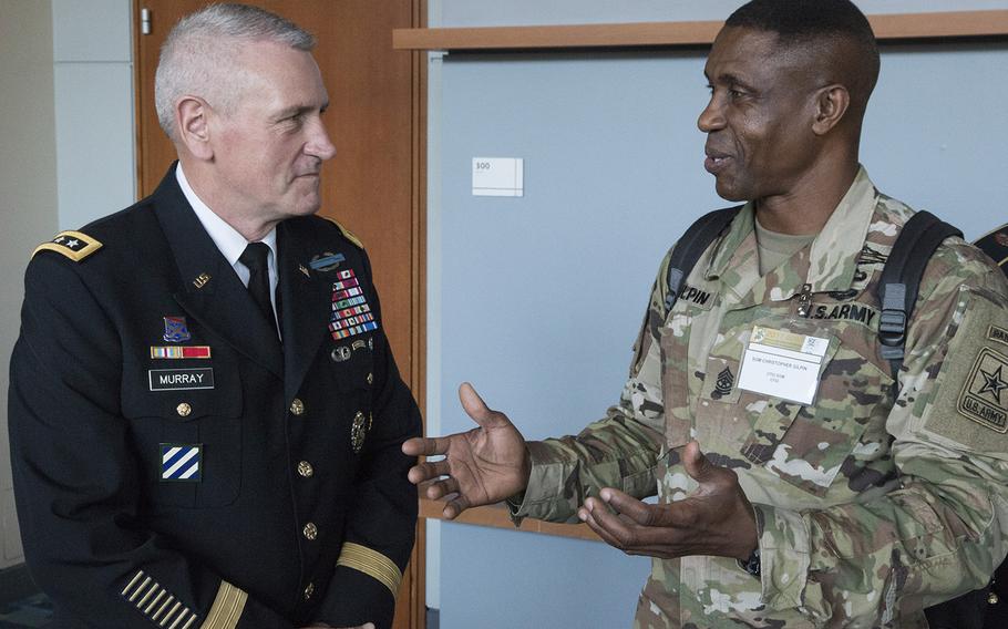 The Senate has confirmed Lt. Gen. John “Mike” Murray, left, as the first commander of the Army Futures Command. Murray is seen here talking with Command Sgt. Maj. Christopher Gilpin at the AUSA annual meeting in October, 2017.
